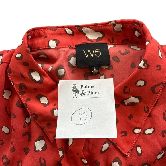 W5 Leopard Print Blouse Red Short Sleeve Button Front Twist Hem Size Large - Picture 4 of 8